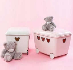 B2C Mobile Toy Storage Box Container Kids Room Cute Wheeled Rolling Bin Organizer Pink - thumbnail 2