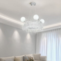 Darphe White Feather Chandelier With Led Crystal Ball, For Living Room, Dining Room And Bedroom - thumbnail 2