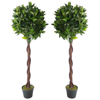 Leaf Pair Of 120Cm (4Ft) Twisted Trunk Artificial Topiary Bay Laurel Ball Trees - image 1