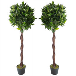 Leaf Pair Of 120Cm (4Ft) Twisted Trunk Artificial Topiary Bay Laurel Ball Trees - thumbnail 1