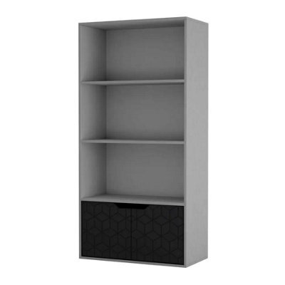 Urbn-Living Urbnliving 4 Tier Grey Wooden Bookcase Cupboard With Geo Black Doors Storage Shelving Display Cabinet - image 1