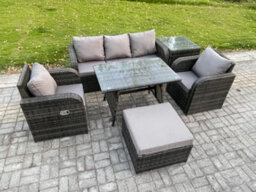 Fimous Rattan Wicker Garden Furniture Patio Conservatory Sofa Set With Dining Table Reclining Chair Big Footstool - thumbnail 2