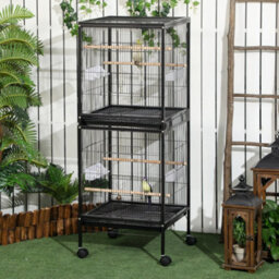 Pawhut 2 In 1 Large Bird Cage Aviary With Wheels, Slide-Out Trays Wood Perches