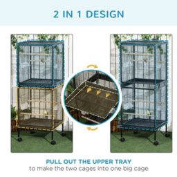 Pawhut 2 In 1 Large Bird Cage Aviary With Wheels, Slide-Out Trays Wood Perches - thumbnail 4