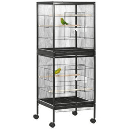 Pawhut 2 In 1 Large Bird Cage Aviary With Wheels, Slide-Out Trays Wood Perches - thumbnail 2