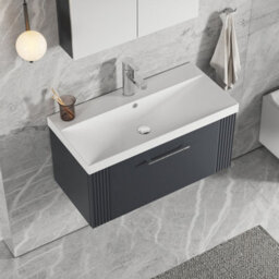 Balterley Belvide Partial Fluted 1 Drawer Wall Hung Vanity Unit With 1 Tap Hole Thin-Edge Basin- 800mm - Satin Soft Black - thumbnail 3