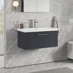 Balterley Belvide Partial Fluted 1 Drawer Wall Hung Vanity Unit With 1 Tap Hole Thin-Edge Basin- 800mm - Satin Soft Black - thumbnail 6
