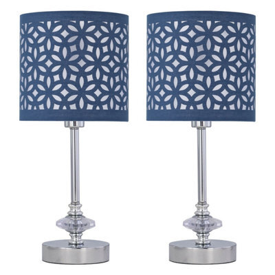 First Choice Lighting Set Of 2 Chrome Jewelled Table Lamps With Navy Blue Cut Out Shades - image 1