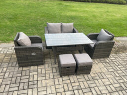 Fimous Rattan Garden Furniture 6 Piece Grey Patio Furniture Set Patio 6 Seater Set Outdoor Rectangular Table And Chairs - thumbnail 2