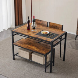4Pcs Kitchen Dining Living Room Table Metal Frame 1 Matching Benches 2 Chair Set - thumbnail 4