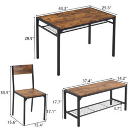 4Pcs Kitchen Dining Living Room Table Metal Frame 1 Matching Benches 2 Chair Set - thumbnail 2