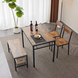 4Pcs Kitchen Dining Living Room Table Metal Frame 1 Matching Benches 2 Chair Set - thumbnail 6