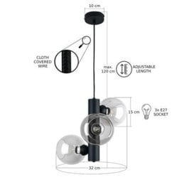 Luminosa Lighting Luminosa Tube Globe Pendant Ceiling Light Black, Transparent Glass Shade 3X E27 - thumbnail 3