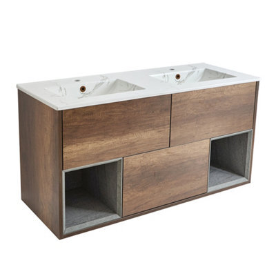 Homestylestore 1212mm Dark Oak Wall Hung Bathroom Vanity Unit Open Shelf Marble Effect Basin - image 1