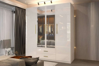 M N Furniture Ltd Modern High Gloss 2, 3 Or 4 Door Wardrobe With Mirror, Shelves, Hanging Rail And Drawers - (White,160Cm) - image 1