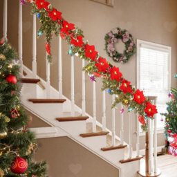 Amorly 2Pcs Pre Lit Christmas Poinsettia Garland, Artificial Velvet Garland With Red Berries Holly Leaves, Battery Operated For Fireplace - thumbnail 8