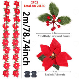 Amorly 2Pcs Pre Lit Christmas Poinsettia Garland, Artificial Velvet Garland With Red Berries Holly Leaves, Battery Operated For Fireplace - thumbnail 2