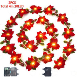 Amorly 2Pcs Pre Lit Christmas Poinsettia Garland, Artificial Velvet Garland With Red Berries Holly Leaves, Battery Operated For Fireplace - thumbnail 1