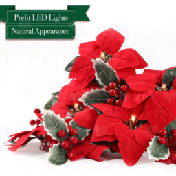 Amorly 2Pcs Pre Lit Christmas Poinsettia Garland, Artificial Velvet Garland With Red Berries Holly Leaves, Battery Operated For Fireplace - thumbnail 4