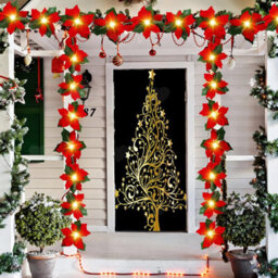 Amorly 2Pcs Pre Lit Christmas Poinsettia Garland, Artificial Velvet Garland With Red Berries Holly Leaves, Battery Operated For Fireplace - thumbnail 5