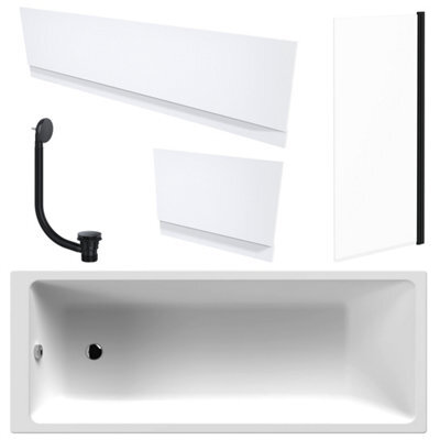 FNX Bathrooms White 1700 X 700 mm Single-Ended Bath With Waterproof Panel Set & Straight Black-Frame Bath Screen - image 1