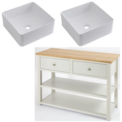 Homestylestore 1215mm Antique White And Oak Bathroom Vanity Unit With Square Countertop Basins And Chrome Round Handles - image 1