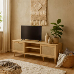 Wyld Haus Mallowmoss Wide Rattan And Pale Wood Tv Unit 2-Door 1-Shelf Scandinavian - thumbnail 2