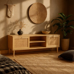 Wyld Haus Mallowmoss Wide Rattan And Pale Wood Tv Unit 2-Door 1-Shelf Scandinavian