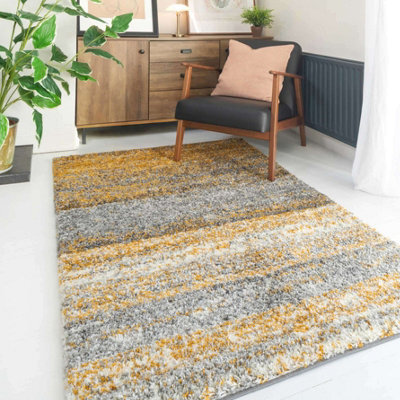 Loomed Super Soft Yellow Grey Mottled Striped Shaggy Area Rug 60X110Cm - image 1