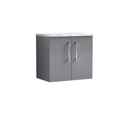 Nuie Arno Wall Hung 2-Door Vanity Unit & Laminate Worktop In Satin Grey, Modern Counter Top Vanity Unit In Satin Grey