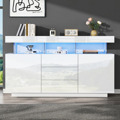 Btm High Gloss Storage Cabinet With Led, Sideboard With 3 Drawers And 2 Doors, Adjustable Shelves, 140X35X80Cm - image 1
