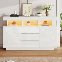 Btm High Gloss Storage Cabinet With Led, Sideboard With 3 Drawers And 2 Doors, Adjustable Shelves, 140X35X80Cm - thumbnail 5
