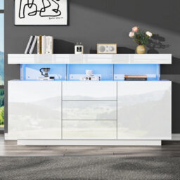 Btm High Gloss Storage Cabinet With Led, Sideboard With 3 Drawers And 2 Doors, Adjustable Shelves, 140X35X80Cm - thumbnail 1