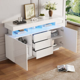Btm High Gloss Storage Cabinet With Led, Sideboard With 3 Drawers And 2 Doors, Adjustable Shelves, 140X35X80Cm - thumbnail 6