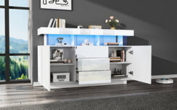Btm High Gloss Storage Cabinet With Led, Sideboard With 3 Drawers And 2 Doors, Adjustable Shelves, 140X35X80Cm - thumbnail 7