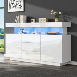 Btm High Gloss Storage Cabinet With Led, Sideboard With 3 Drawers And 2 Doors, Adjustable Shelves, 140X35X80Cm - thumbnail 2