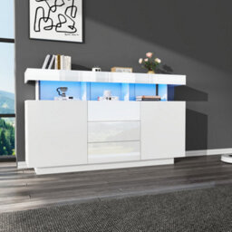 Btm High Gloss Storage Cabinet With Led, Sideboard With 3 Drawers And 2 Doors, Adjustable Shelves, 140X35X80Cm - thumbnail 3