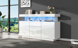 Btm High Gloss Storage Cabinet With Led, Sideboard With 3 Drawers And 2 Doors, Adjustable Shelves, 140X35X80Cm - thumbnail 8