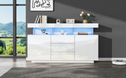 Btm High Gloss Storage Cabinet With Led, Sideboard With 3 Drawers And 2 Doors, Adjustable Shelves, 140X35X80Cm - thumbnail 9