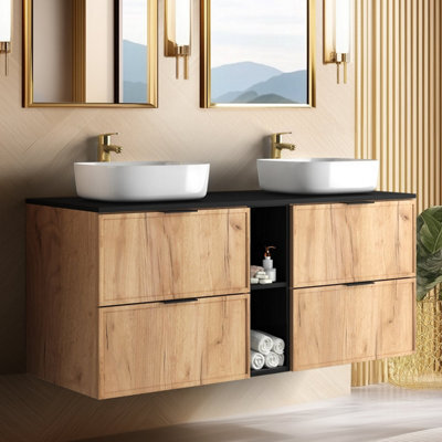 Heze Furniture Slim Modern 4 Drawer Bathroom Cabinet Vanity Unit With Extra Storage 140Cm With Worktop - Gold Craft Oak - image 1