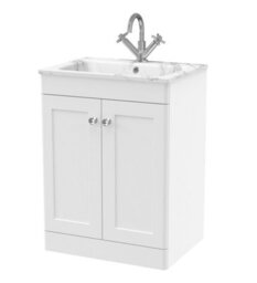 Balterley Swynnerton Traditional 2 Door Floor Standing Vanity Unit With Stone Basin, Satin White, 600mm