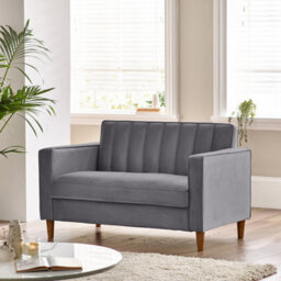 Furniturebox Uk Velvet Sofa - 'kit' 2 Seater Upholstered Grey Fabric Sofa - Vertical Stitching - Modern Living Room Furniture - thumbnail 1