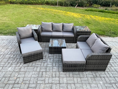 Fimous Indoor Outdoor Rattan Garden Furniture 8 Seater Set Table Sofa Chair Conservatory With Grey Cushions 2 Big Footstool - image 1