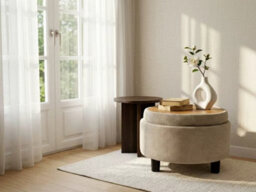 Matteo Round Storage Ottoman With Tray Lid - Camel Nubby Upholstery - thumbnail 3
