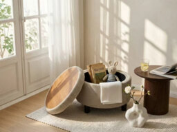 Matteo Round Storage Ottoman With Tray Lid - Camel Nubby Upholstery - thumbnail 5