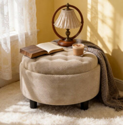 Matteo Round Storage Ottoman With Tray Lid - Camel Nubby Upholstery - thumbnail 2
