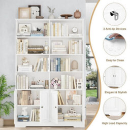 White Bookcase With Doors 6Tier Bookshelf Tall Storage Shelving Unit 120X27X185Cm - thumbnail 3