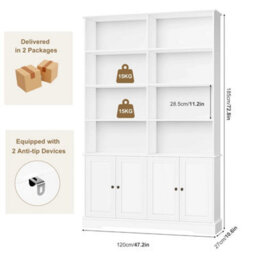 White Bookcase With Doors 6Tier Bookshelf Tall Storage Shelving Unit 120X27X185Cm - thumbnail 2