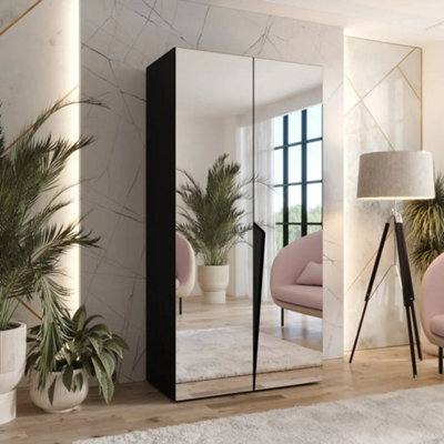 Arte Piano Iii Hinged Door Wardrobe 100Cm - Black Mirrored Two-Door Wardrobe With Rail And Shelf - image 1