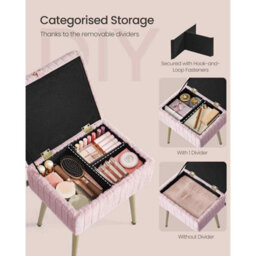 Storage Vanity Stool, Upholstered Dressing Table Chair With Metal Legs And Adjustable Feet, Jelly Pink - thumbnail 4